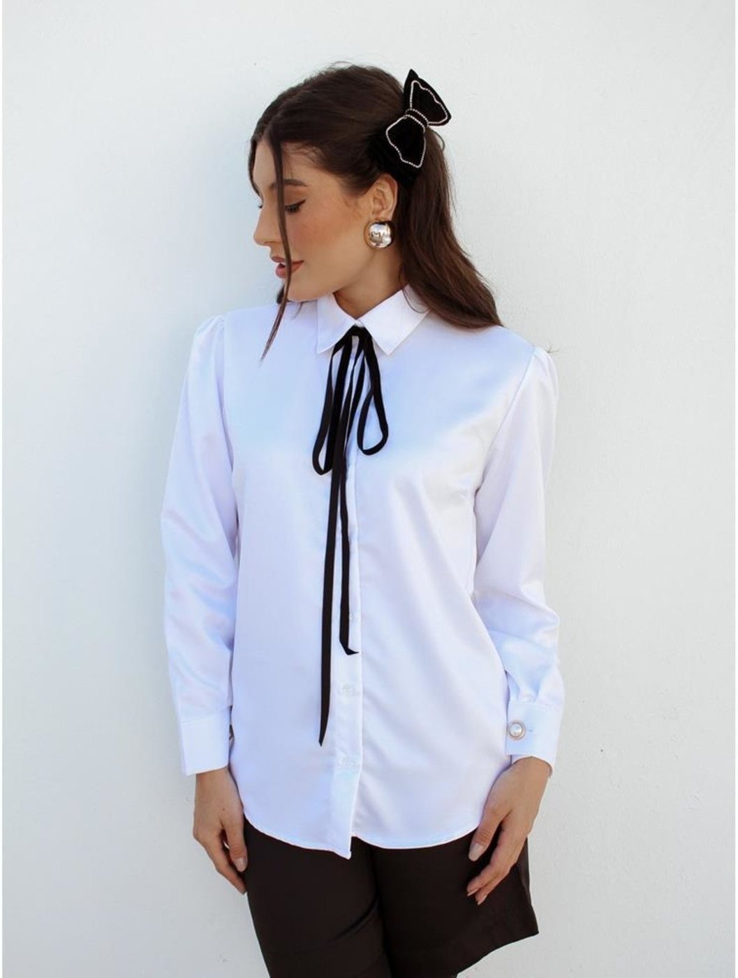 Imagem principal Camisa Feminina Cetim com Laço Veludo Manga Longa TEODORO CAMISARIA branco TEODORO CAMISARIA branco