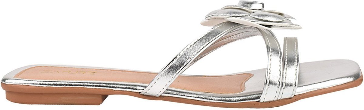 Imagem principal Sandália Rasteirinha Feminina Confortável Leve Macia com Enfeite de Flor Metalizada ZATURE STORES prata ZATURE STORES prata