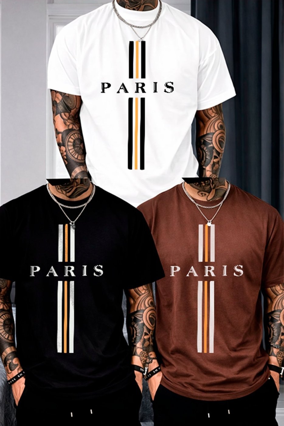 Imagem principal Kit 3 Camisetas Oversized Paris Listras Verticais Street Premium Unissex Algodão Premium ousy branco/marrom/preto ousy branco/marrom/preto