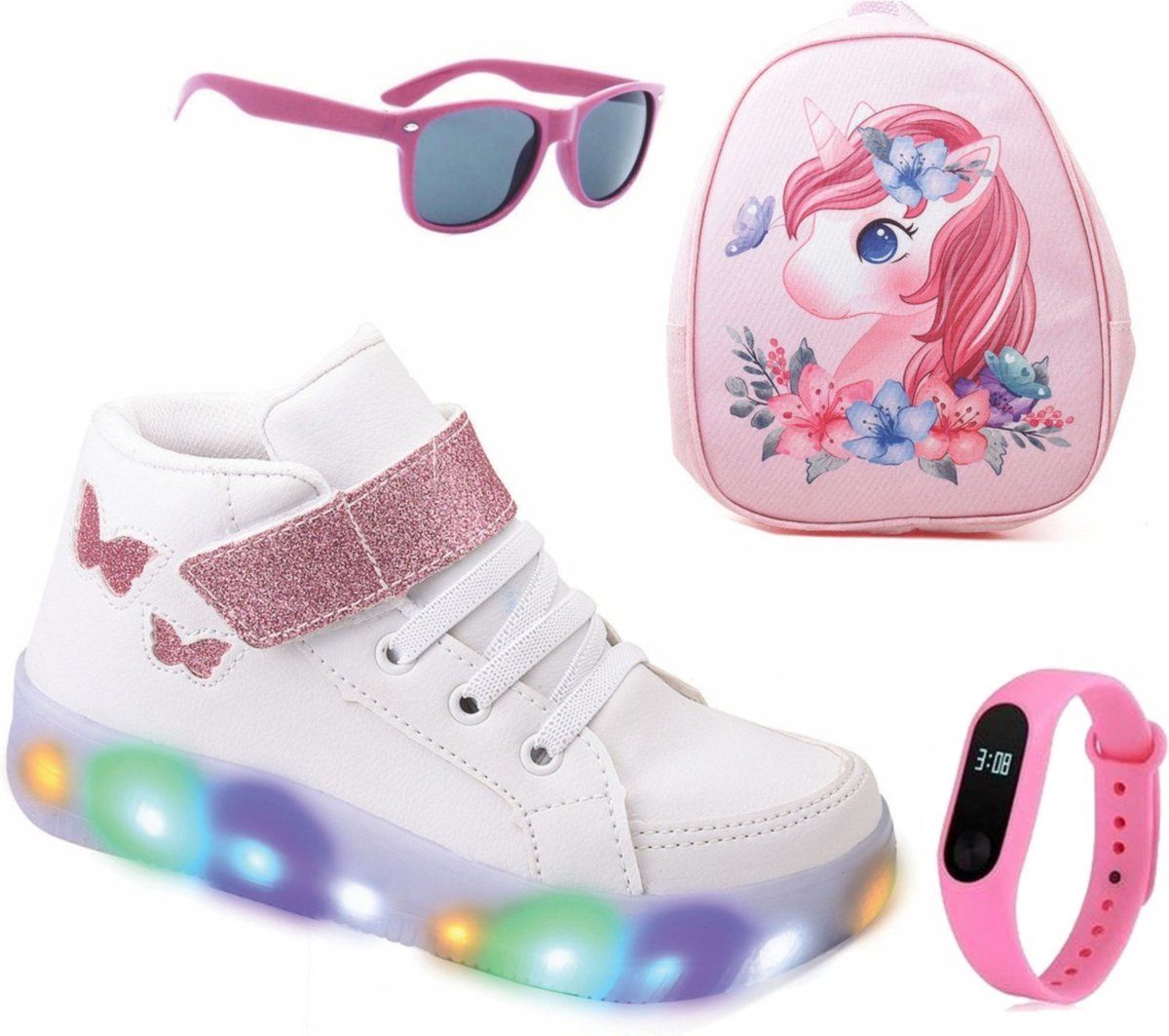 Infantil - Tenis Feminino de Led Botinha Borboleta Glitter Calce Facil + Moch Oculos e Relogio