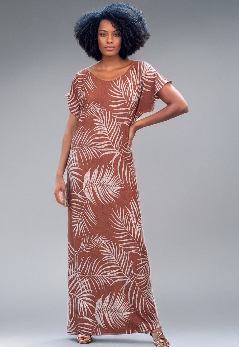 Vestido Longo Malha Cabanafree Fenda na Lateral Estampa Palmas Terra