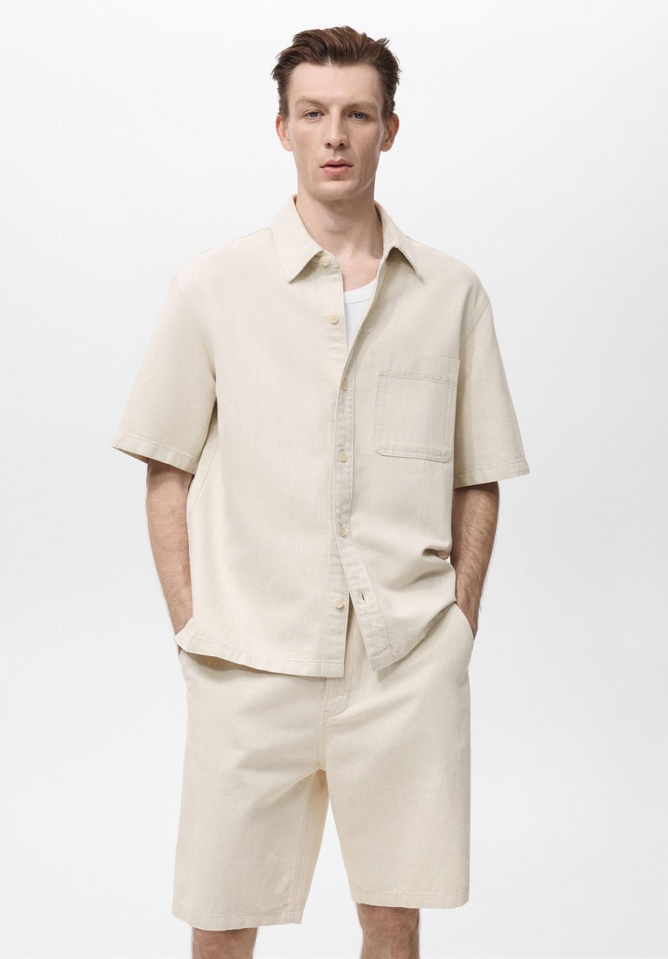 Imagem principal Camisa Masculina Mango Guido Manga Curta Algodão Linho Off-White off-white white Mango off-white white