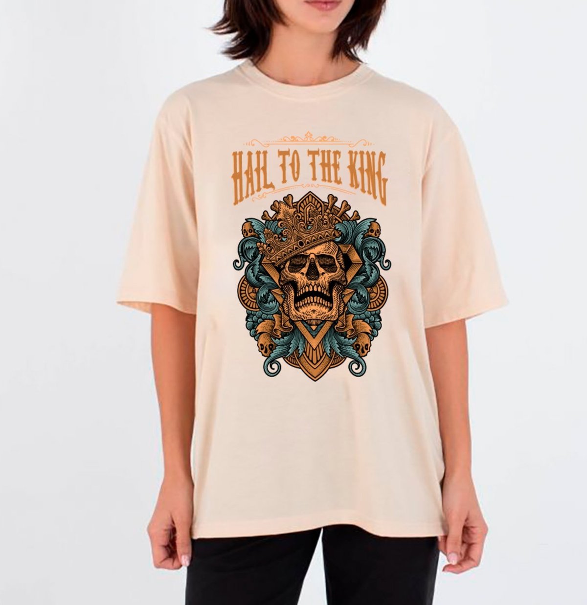 Imagem principal Camiseta Ousy Unissex Streetwear Skull Hail To The King Visual Impactante Oversized Off White off-white white ousy off-white white