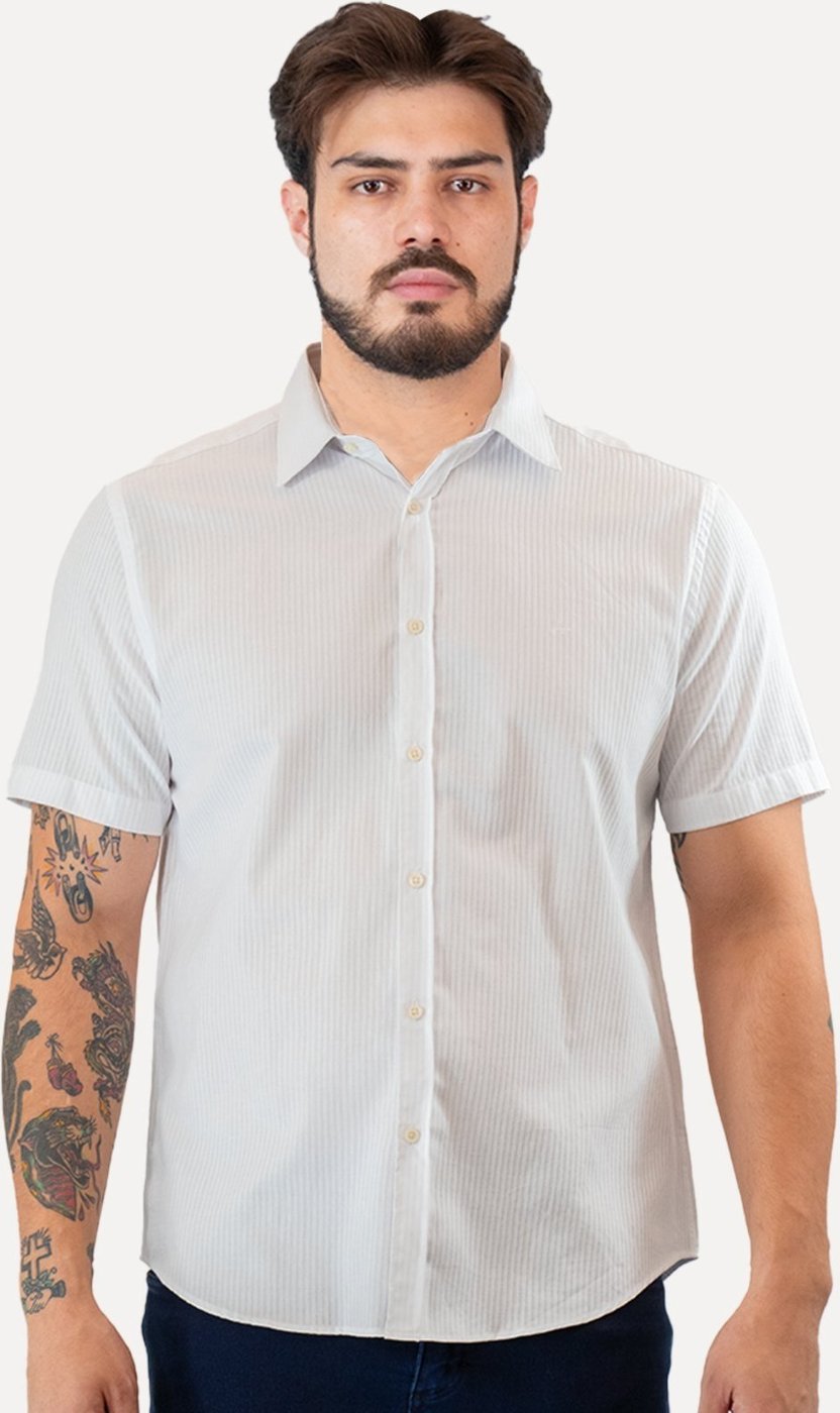 Imagem principal Camisa Aramis Masculina Slim Algodão Textura Listrada Branca branco Aramis branco
