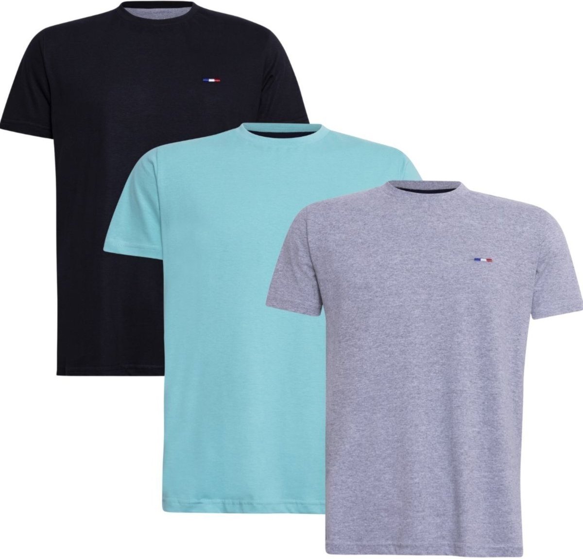 Imagem principal Kit 3 Peças Camisetas Básicas Masculina FMF e Cinza em Algodão Premium no Estilo Tommy Bordado França preto azul FMF preto azul