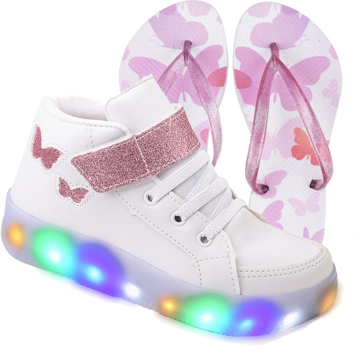 Imagem principal Infantil - Tenis Feminino de Led Botinha Borboleta Glitter Calce Facil + Chinelo Venza branco Venza branco