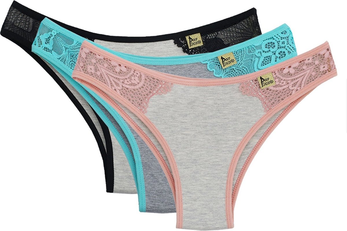 Imagem principal Kit com 05 calcinhas algodão mescla e renda REF 004 Doce Encanto azul/bege/cinza/preto/rosa/verde/vermelho Doce Encanto azul/bege/cinza/preto/rosa/verde/vermelho