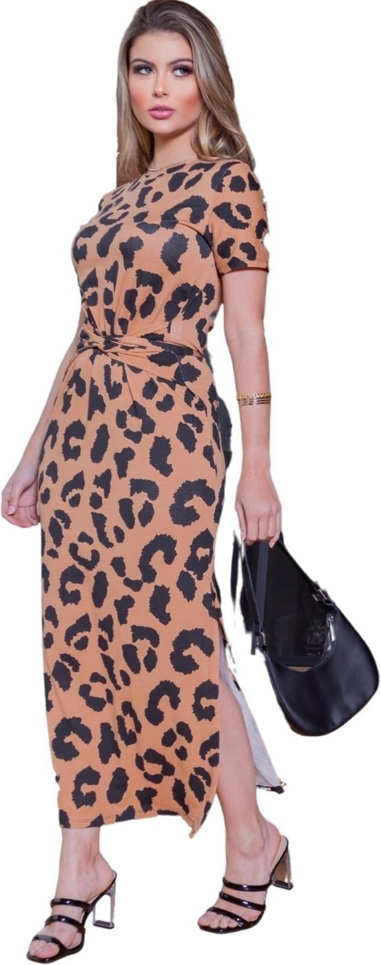 Vestido Midi Laço Manguinha Jugy Animal Print