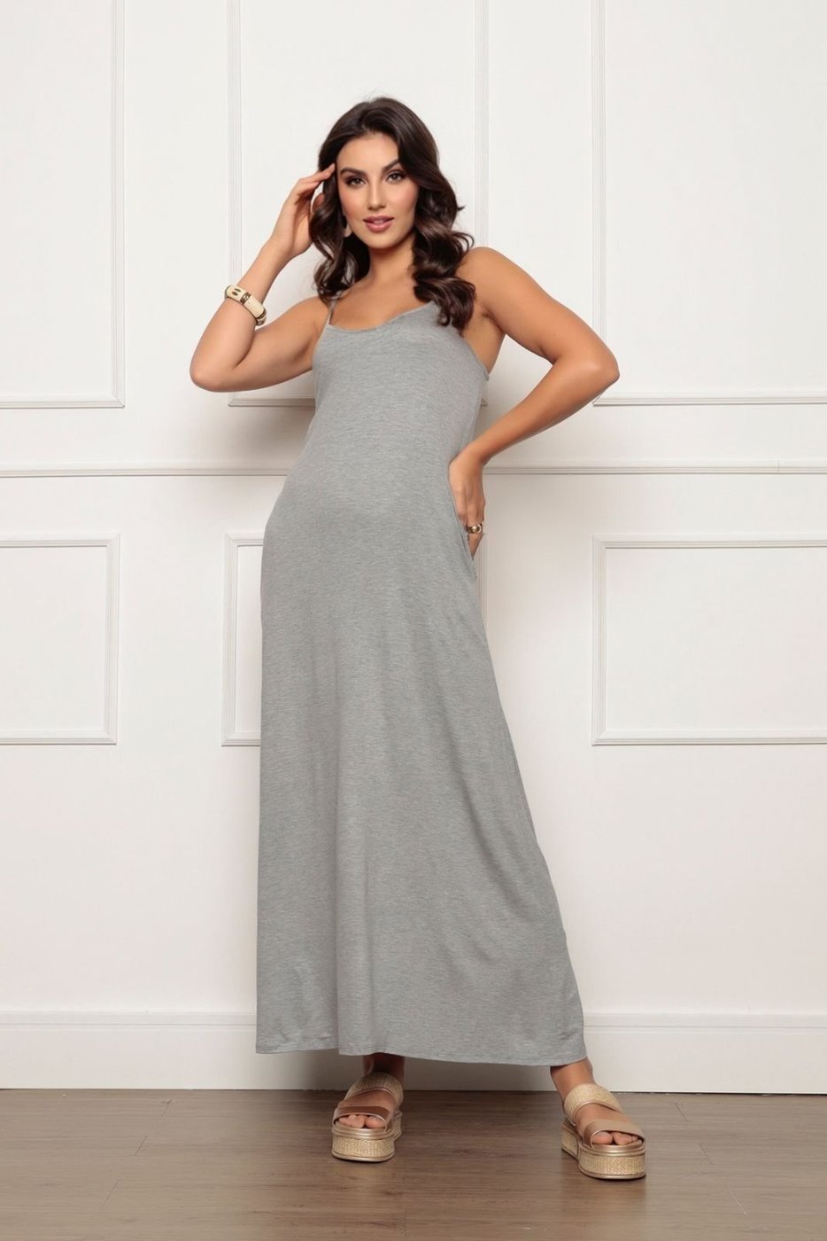 Vestido Longo de Alcinha com Bolsos Zipituka