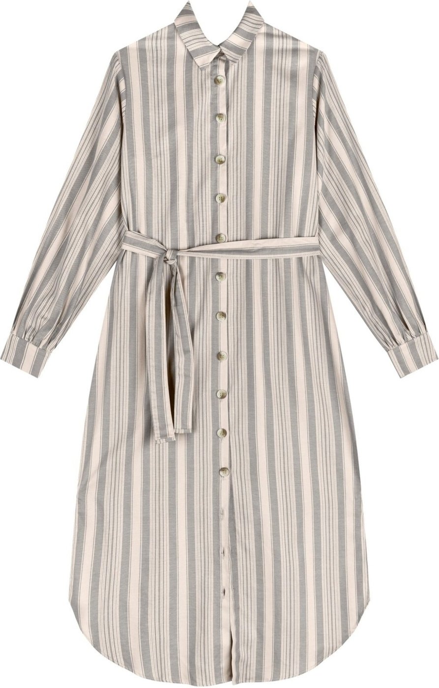 Vestido Listrado Midi Chá Com Botões E Faixa Ajustável