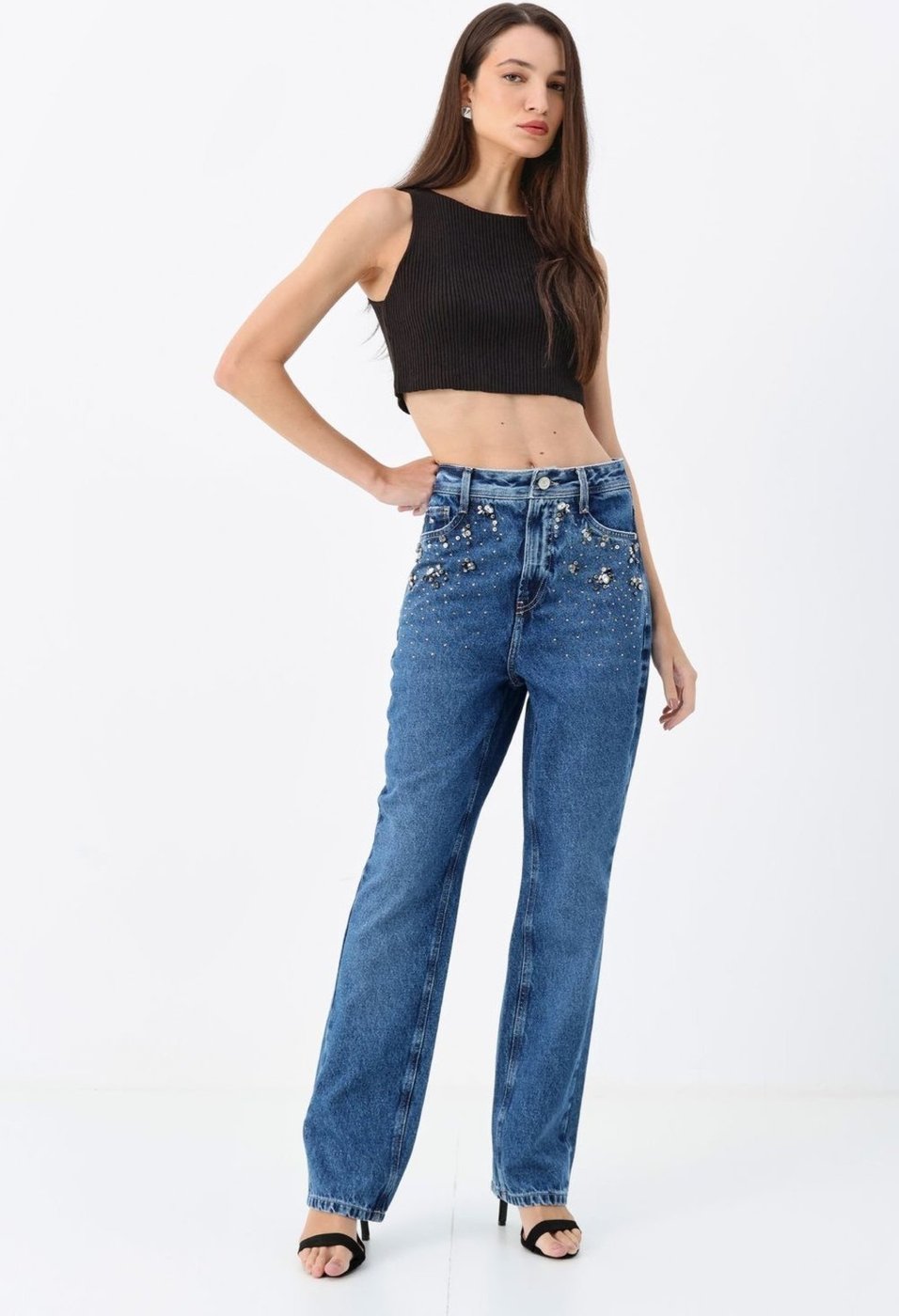 Imagem principal Calça Straight Cintura Alta Pedraria ACT FEMININO jeans ACT FEMININO jeans