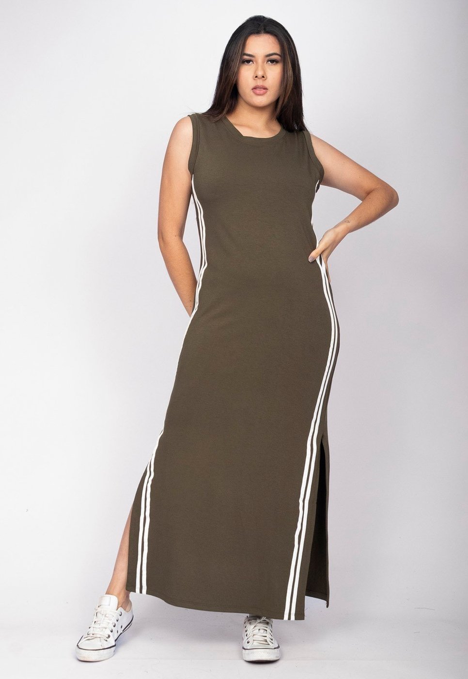 Vestido Midi Cabanafree Faixa Lateral Verde Militar