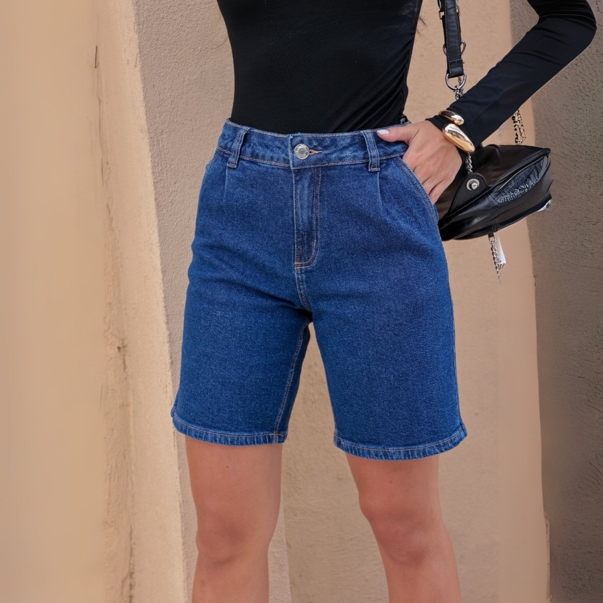 Bermuda Jeans Cintura Alta Com Pregas Feminina Revanche Kildare