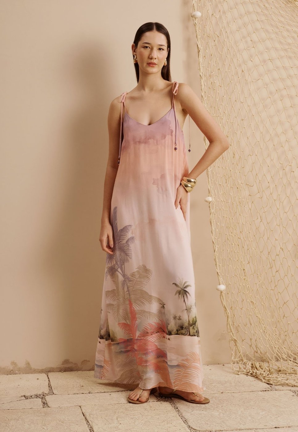 Vestido Longo Amarração Alça Estampado Ilha do Combu