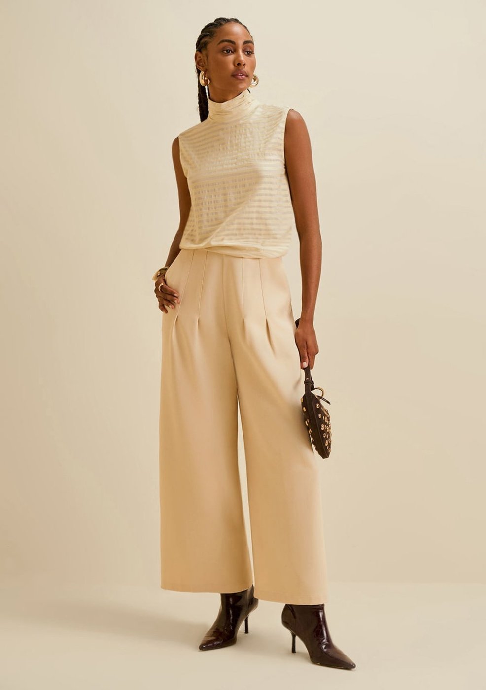 Calça Morena Rosa Pantalona Alta Bege