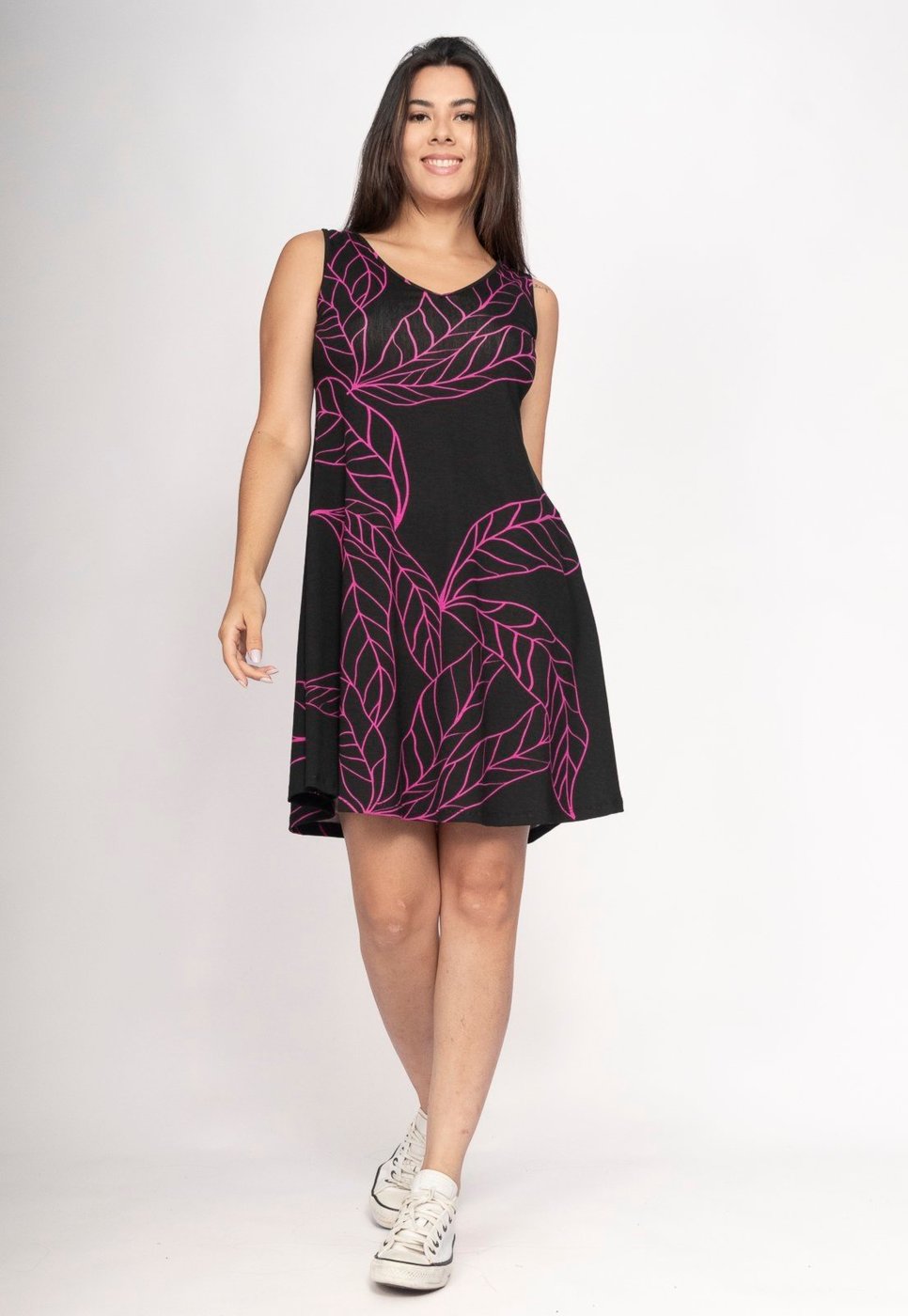 Vestido CabanaFree Amana Curto Regata Malha Estampa Antúrios Lilás