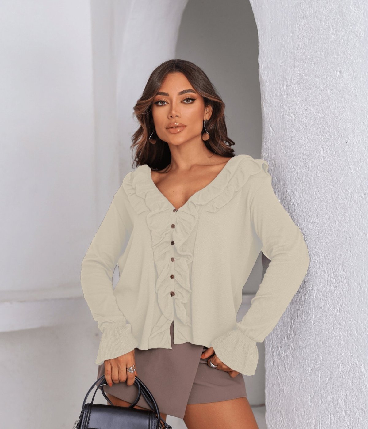 Blusa Casaco Cherry Line Tricô Botão Aberto Manga Longa Babado Creme