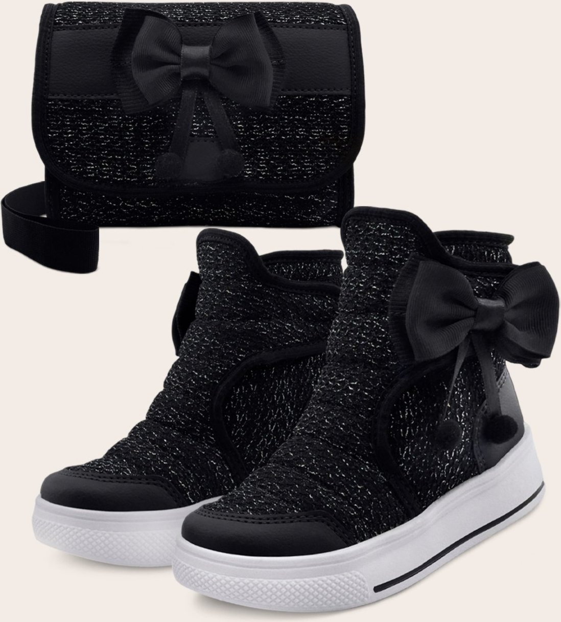 Infantil - Kit Bota Feminina Cano Alto Com Bolsa Menina Preta/Brilho