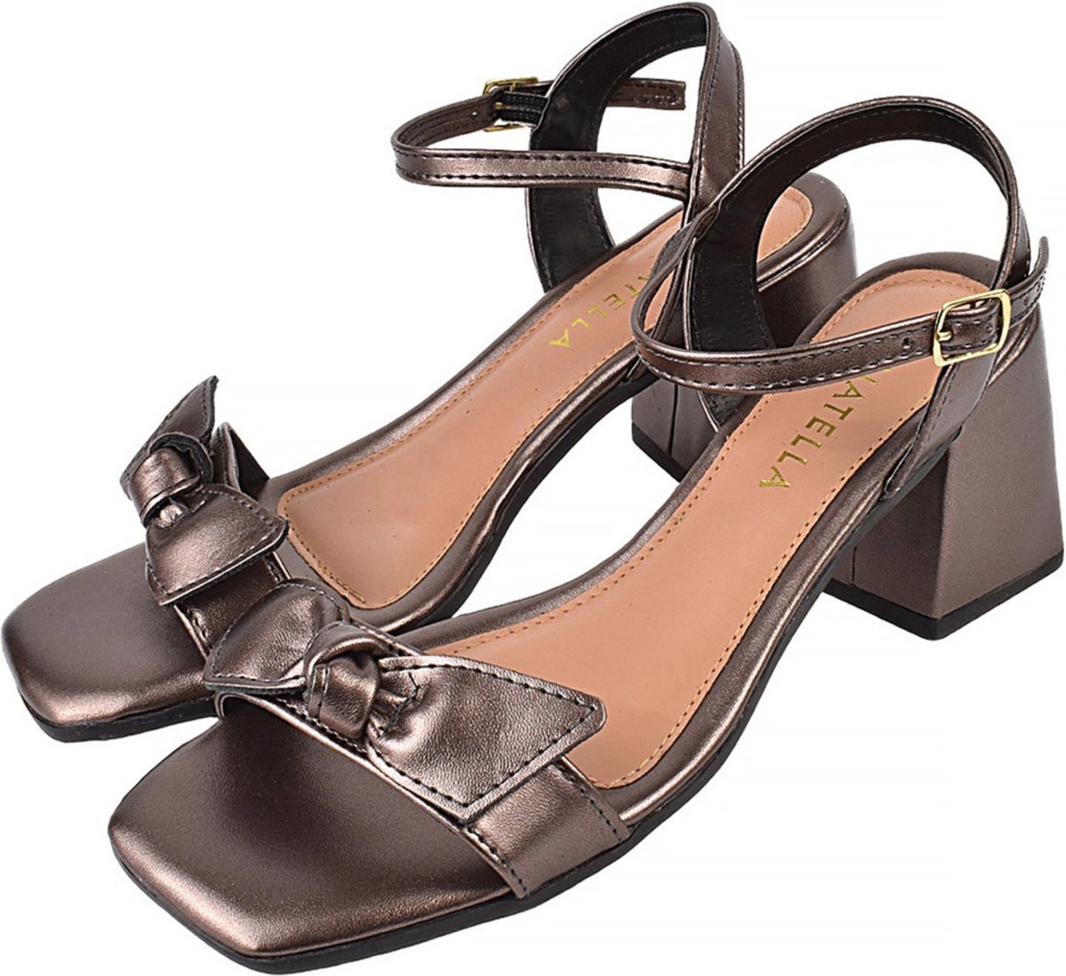 Sandália Feminina Tamanco Donatella Shoes Bico Quadrado Salto Alto Casual Metalizada Laço