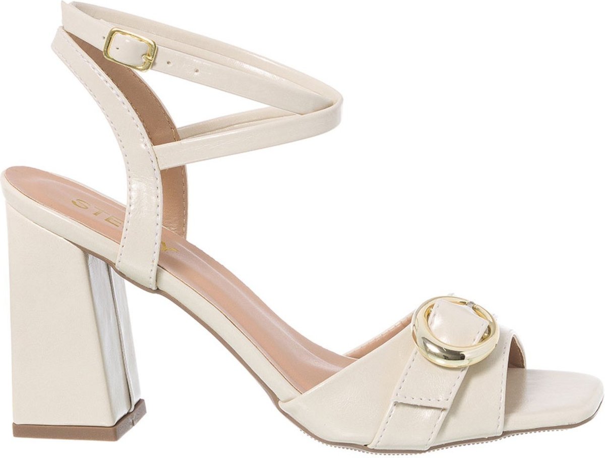 Sandália Feminina Bico Quadrado Salto Bloco Fivela Luxo Moda Off White