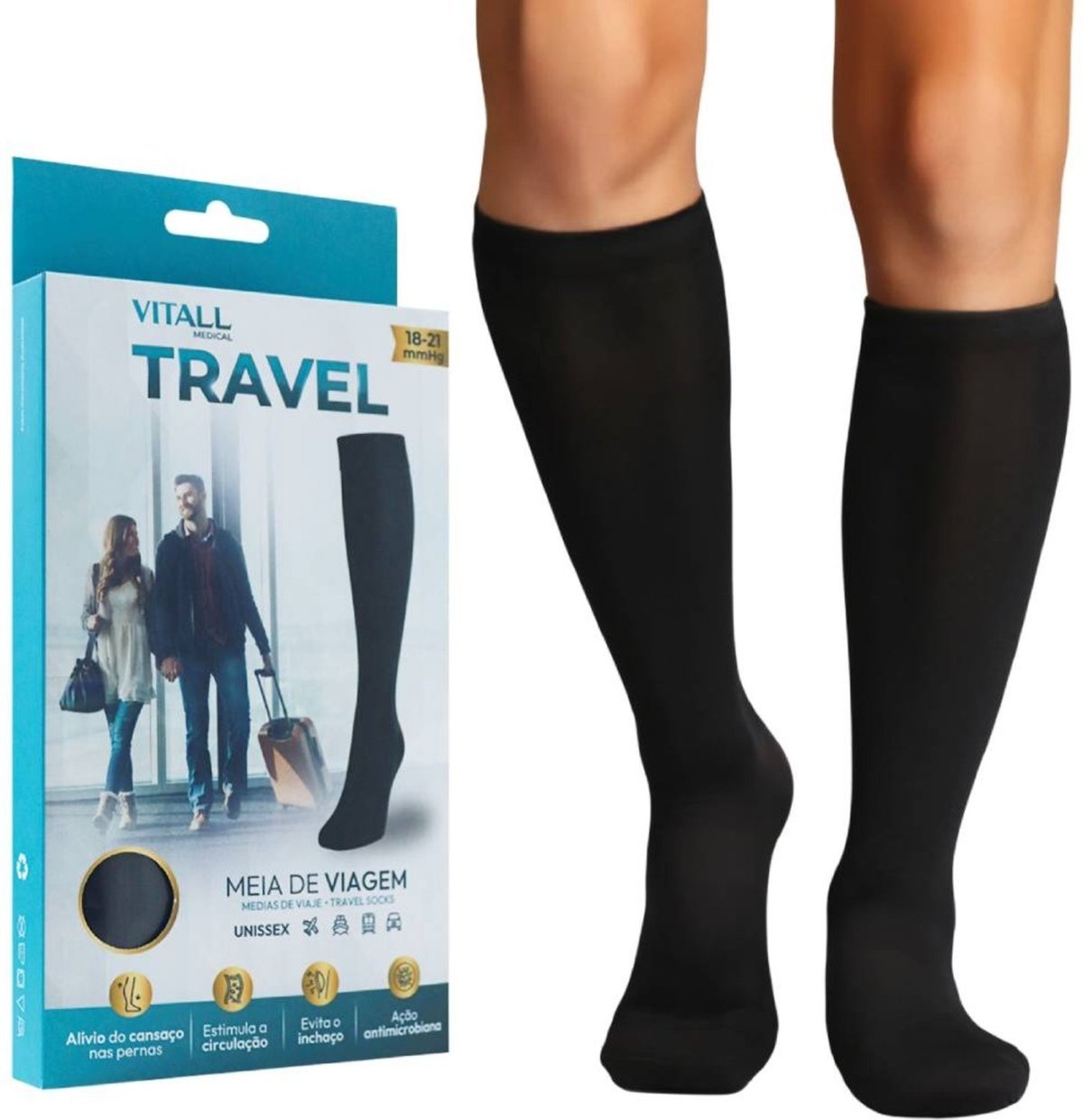 Meia Viagem de Avião Evita Trombose 3/4 Vitall Travel Média Compressão Com Ponteira Preta Unissex