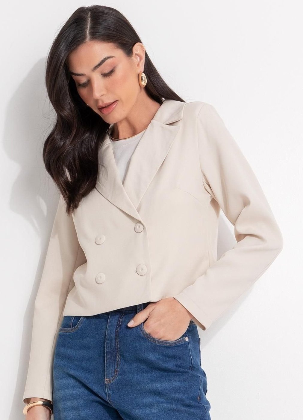 Blazer Em Crepe Plano Quintess Bege Claro