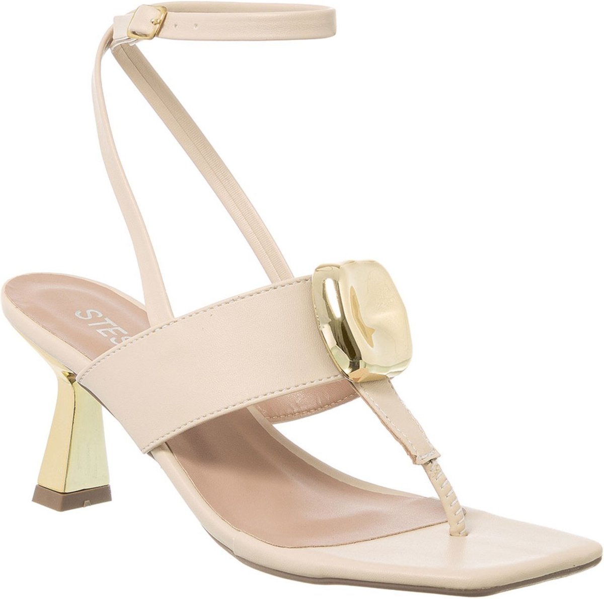 Sandália Feminina Stessy Shoes Salto Taça Baixo Enfeite Bloco Casual Luxo Off White