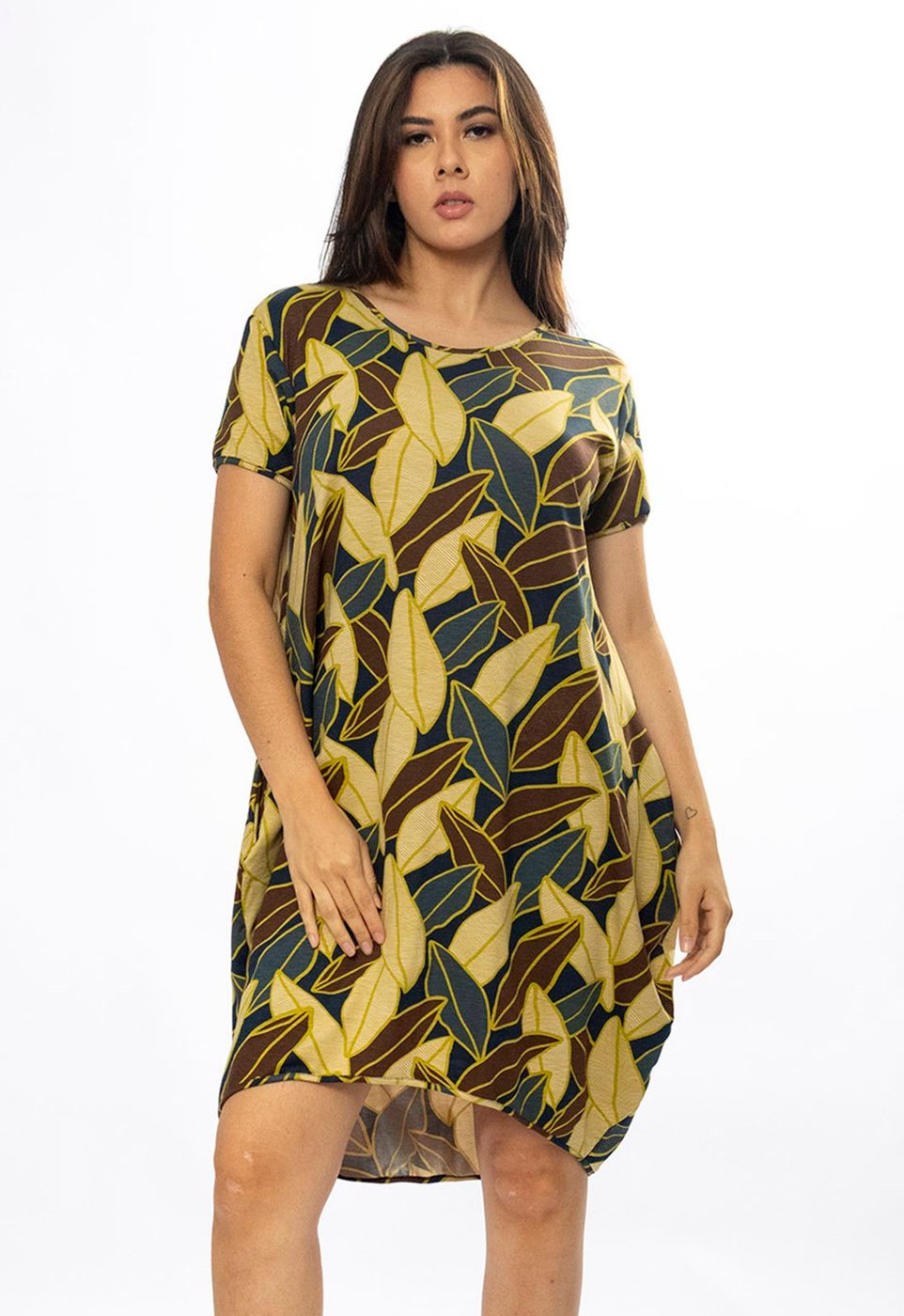 Vestido Curto Cabanafree Malha Amplo Always Estampa Folhas de Outono