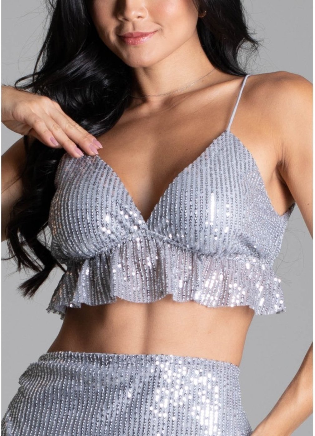 Sawary Fashion Top Paetê Babado PRATEADO