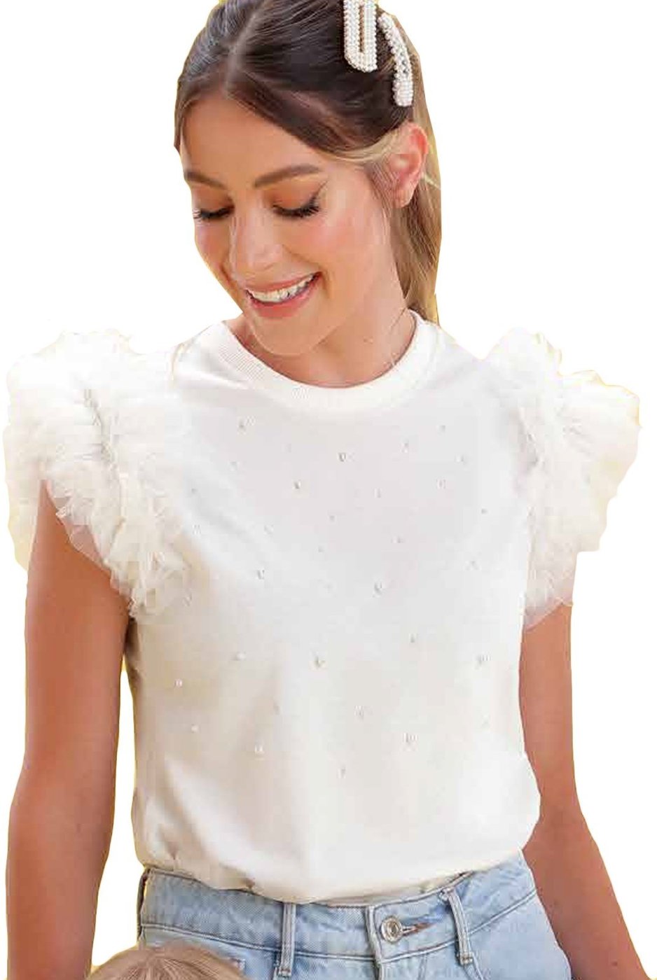 Infantil - Blusa Pérolas Tule Branca Petit Cherie