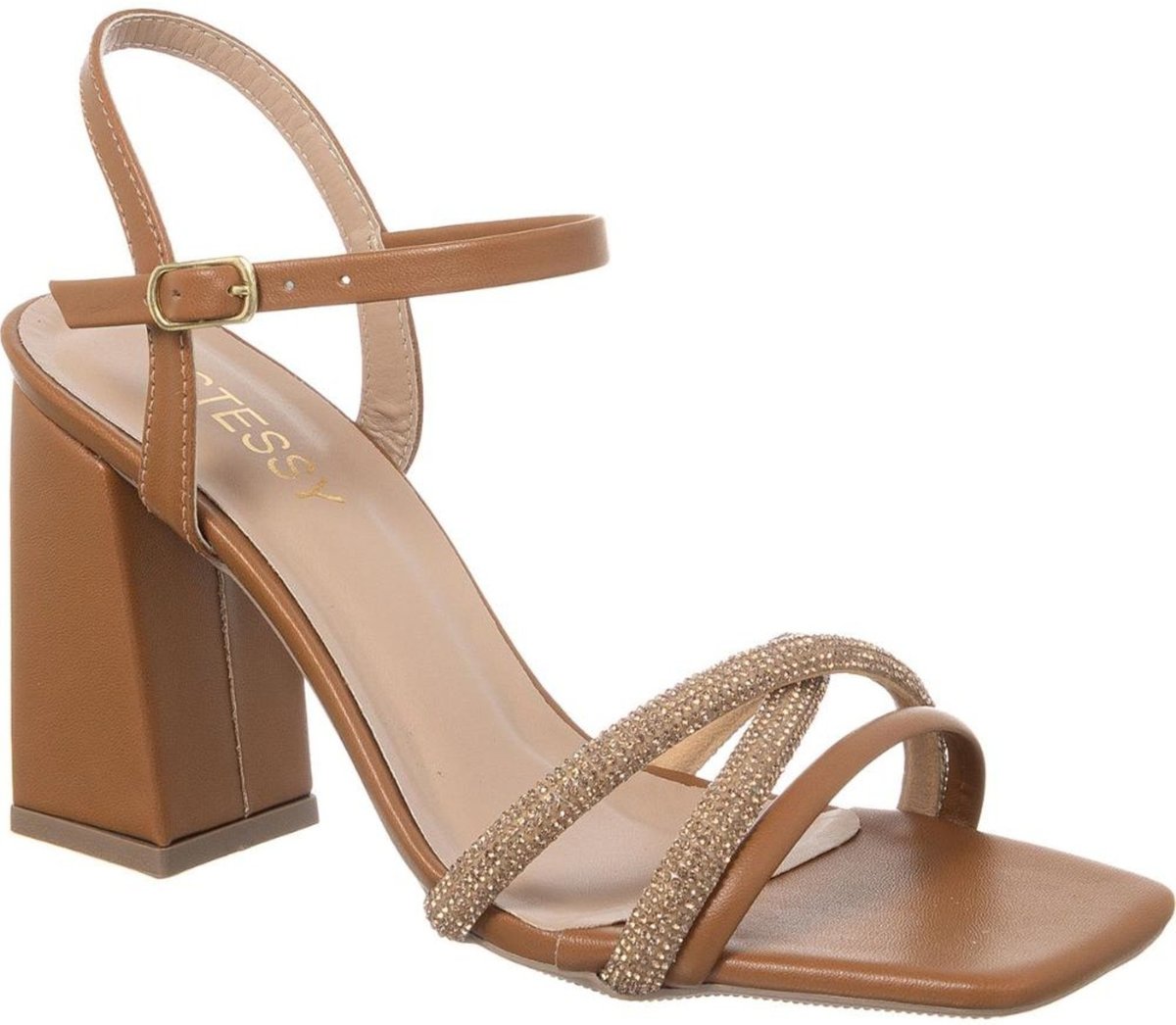 Sandália Feminina Brilho Strass Salto Alto Bloco Tiras