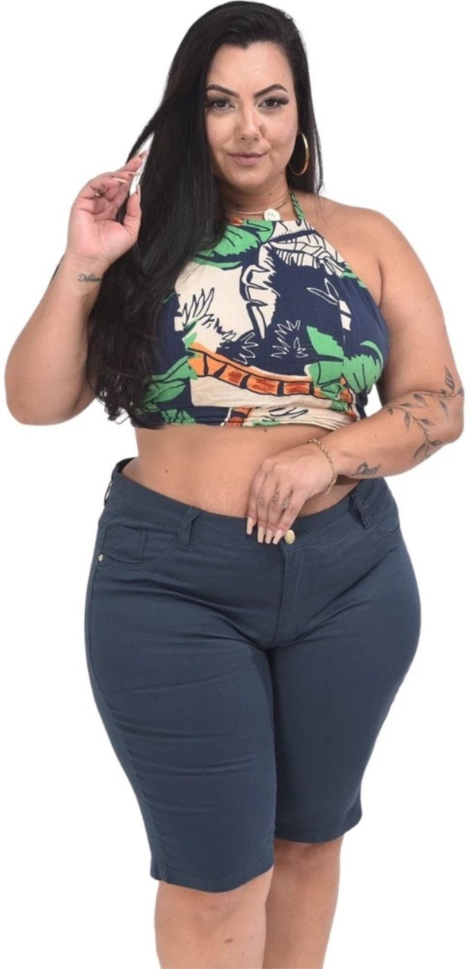 Imagem principal Short Bermuda Feminino Plus Size Jeans Light Com Elatano azul marinho JEANS LIGHT azul marinho