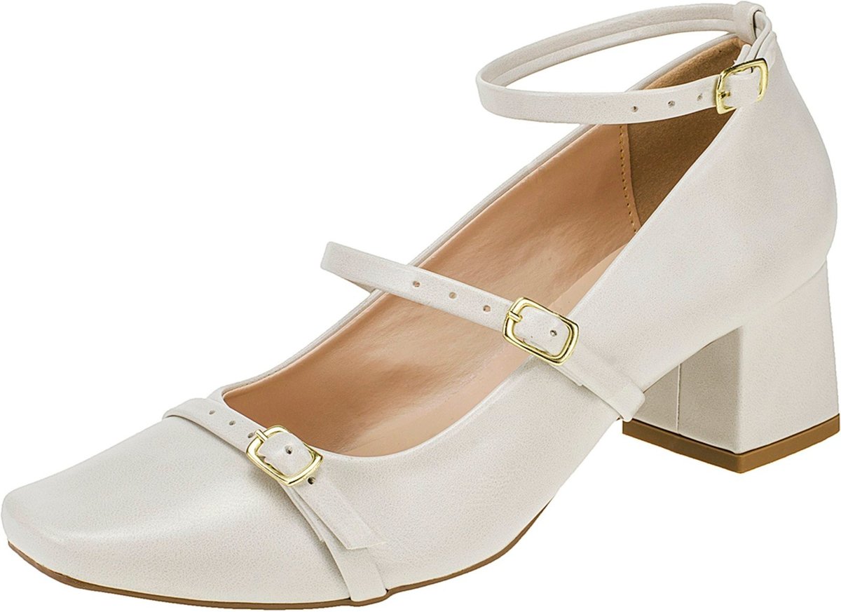 Sapato Feminino Salto Bico Quadrado Mary Jane Boneca Social Shekinah Tiras Fivelas Confortável Off White