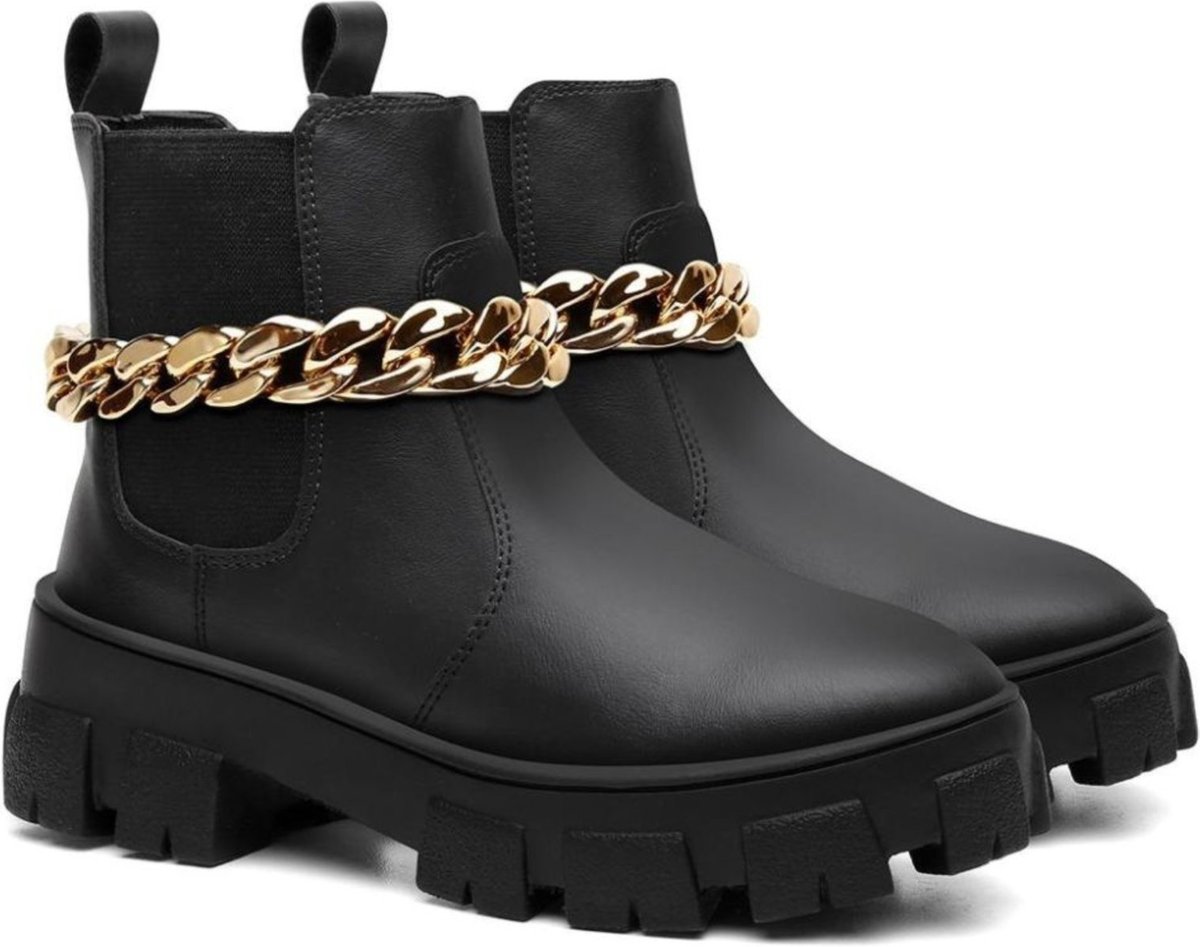 Bota Chelsea Feminina Corrente Dourada Estilosa