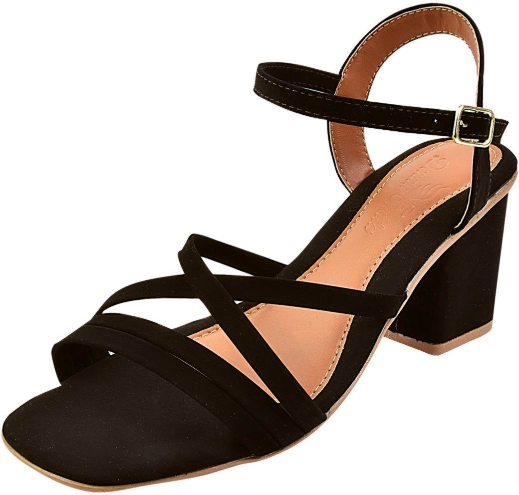 Sandália Salto Bloco Quadrado Donna Santa Tiras Finas Cruzadas Preta