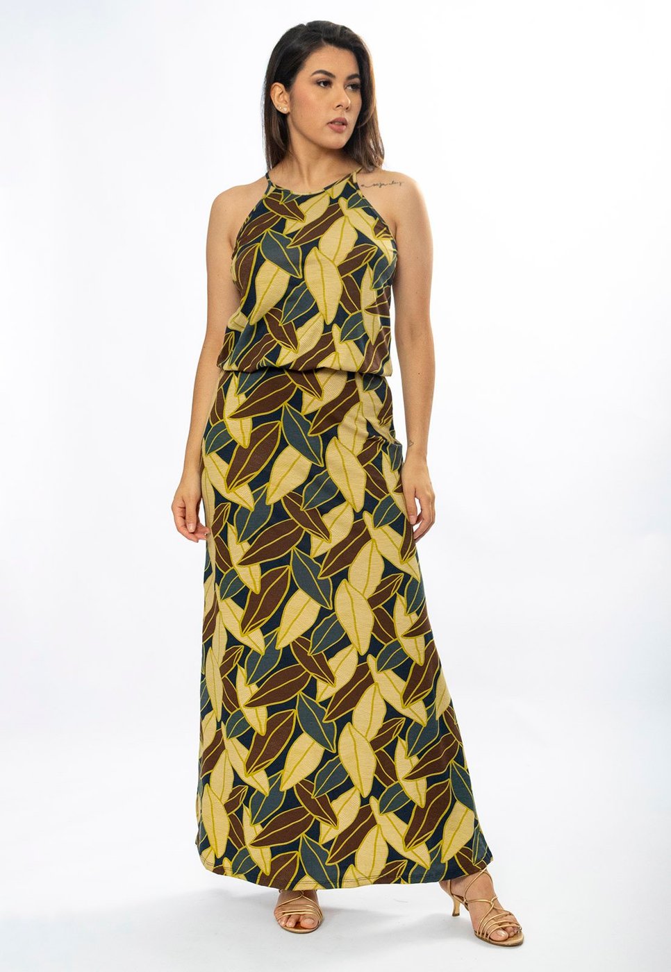 Vestido Longo Cabanafree Malha Trapézio com Elástico na Cintura Folhas de Outono