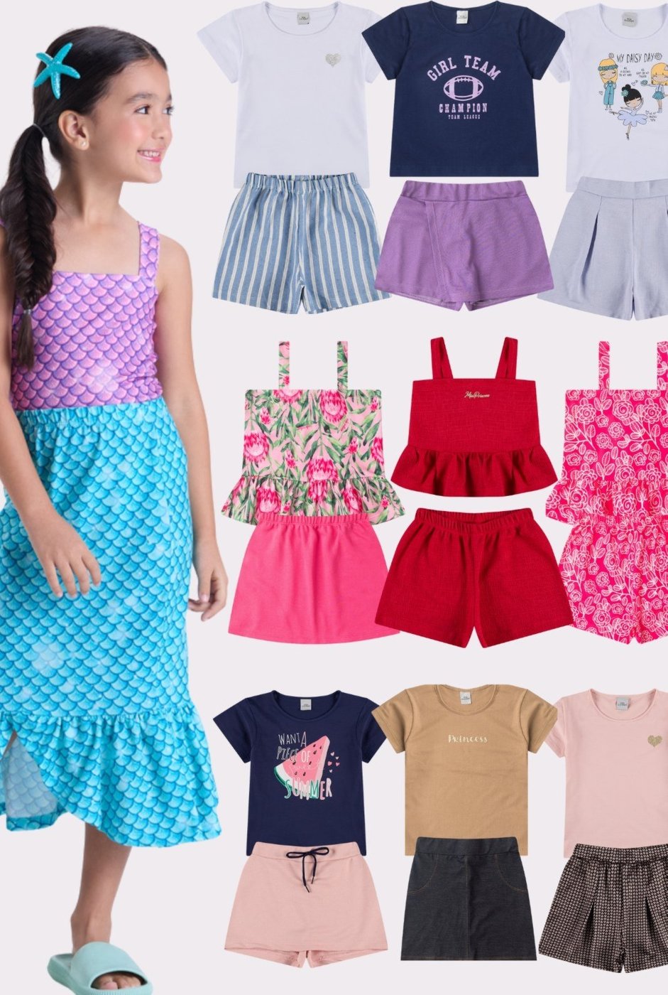 Imagem principal Infantil - Kit Sortido 6 Peças de Roupas Infantis Menina Verão Camisetas + Shorts/Saia VIDA COSTEIRA multicolorido VIDA COSTEIRA multicolorido