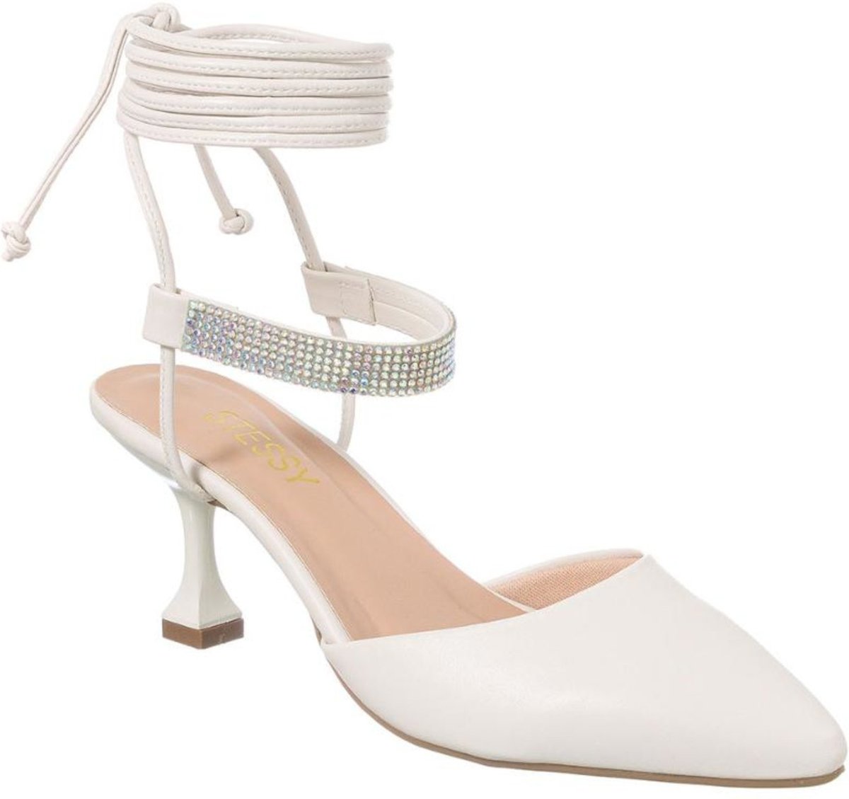 Imagem principal Scarpin Bico Fino Salto Taça Baixo Strass Amarrar Confort Off-white Stessy Shoes off-white white Stessy Shoes off-white white