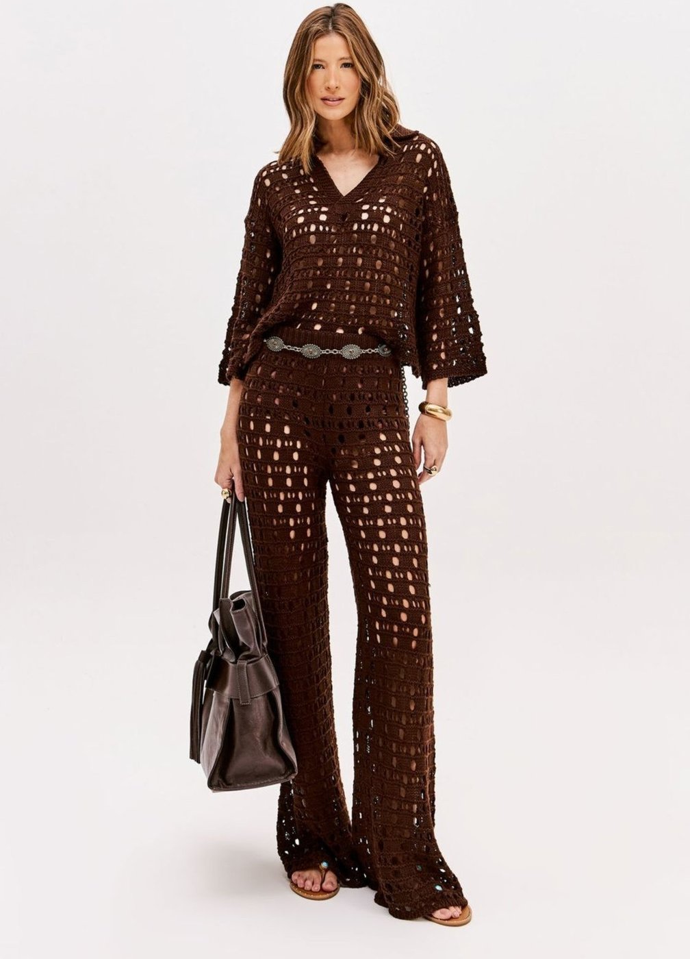 Calça Reta De Tricô Cintura Alta