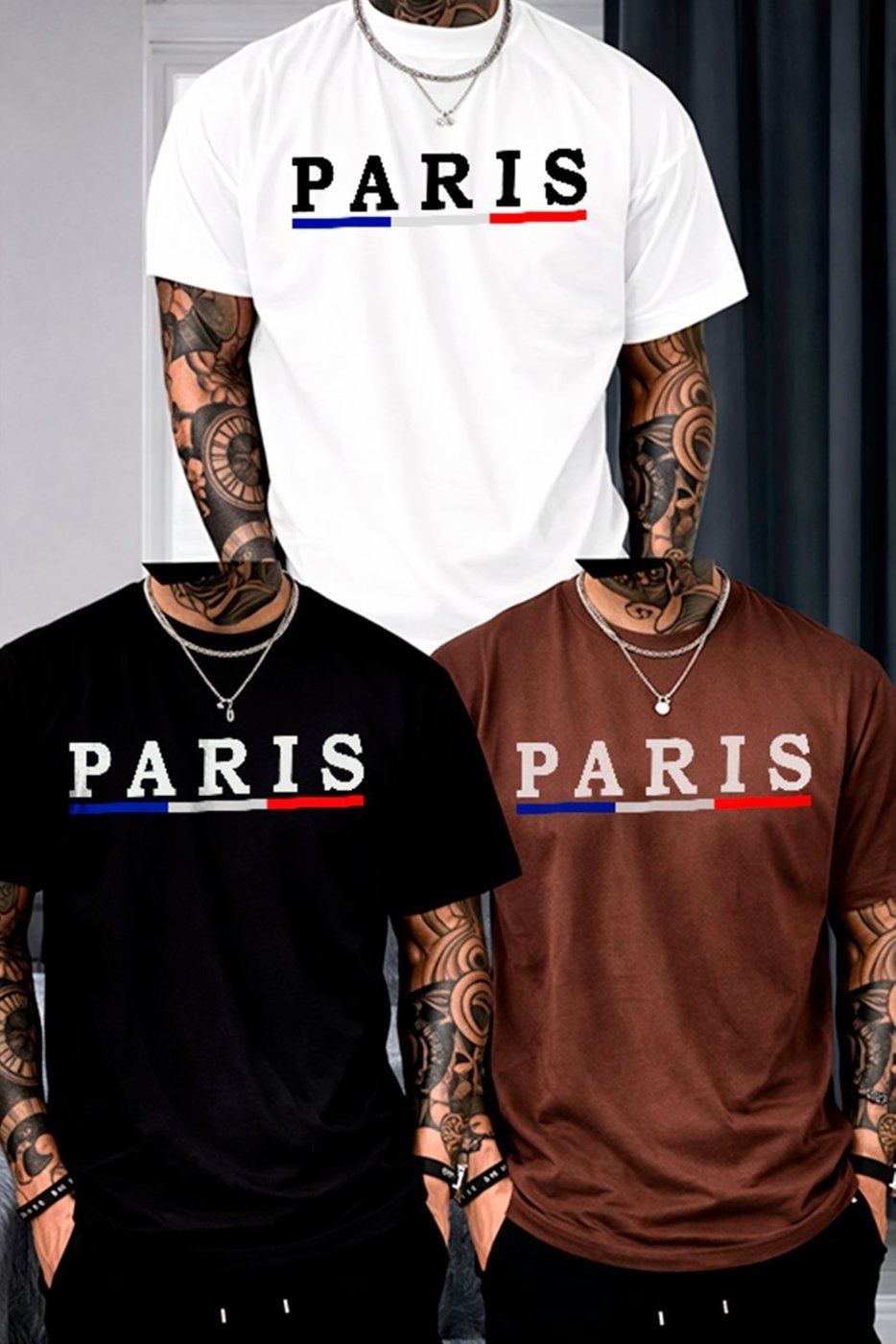 Imagem principal Kit 3 Camisetas Oversized Paris France Arte Elegante Minimalista Unissex Algodão Premium ousy branco/marrom/preto ousy branco/marrom/preto