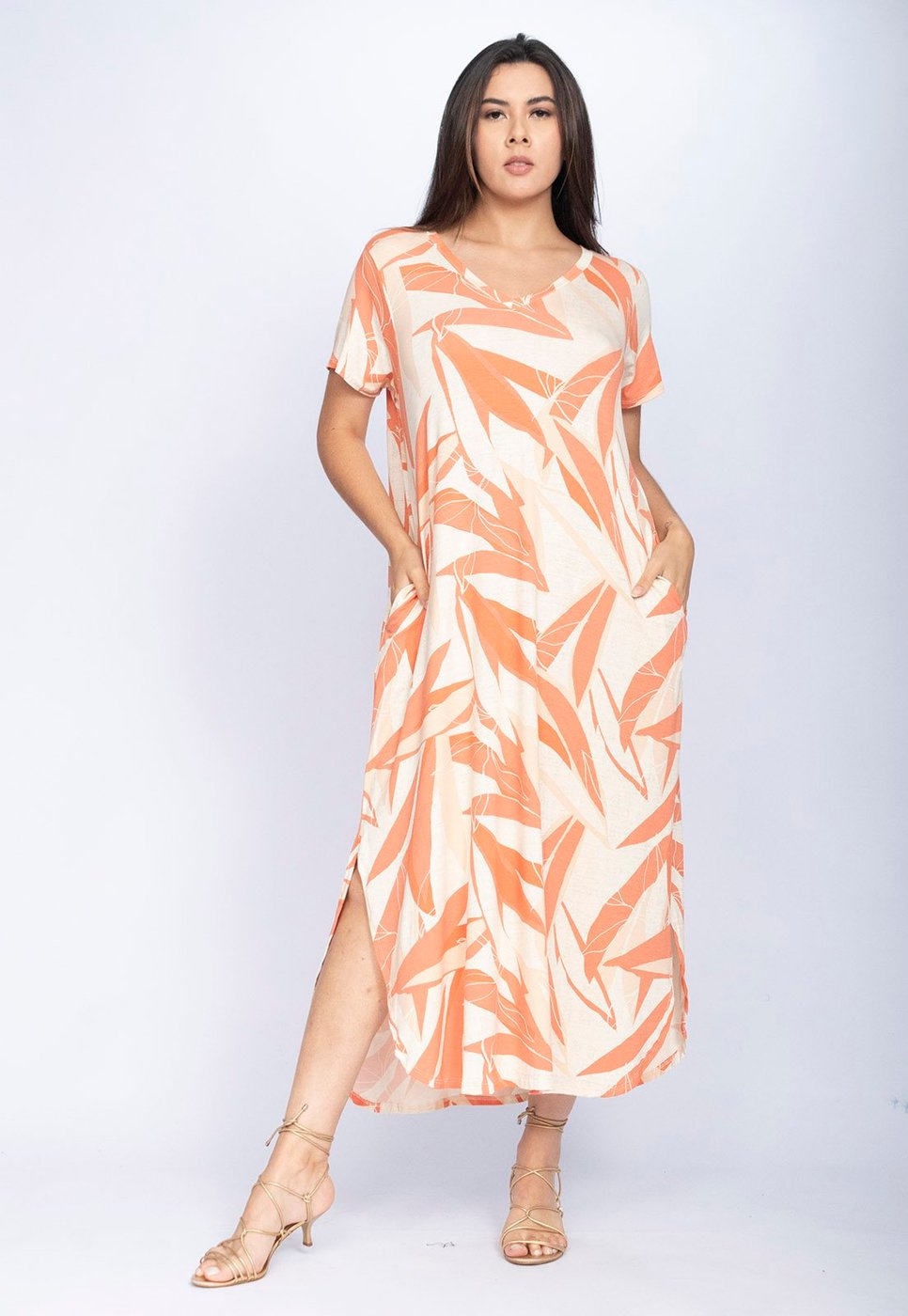 Vestido CabanaFree Midi Abapã Malha com Bolso Estampa Verde Selvagem Laranja