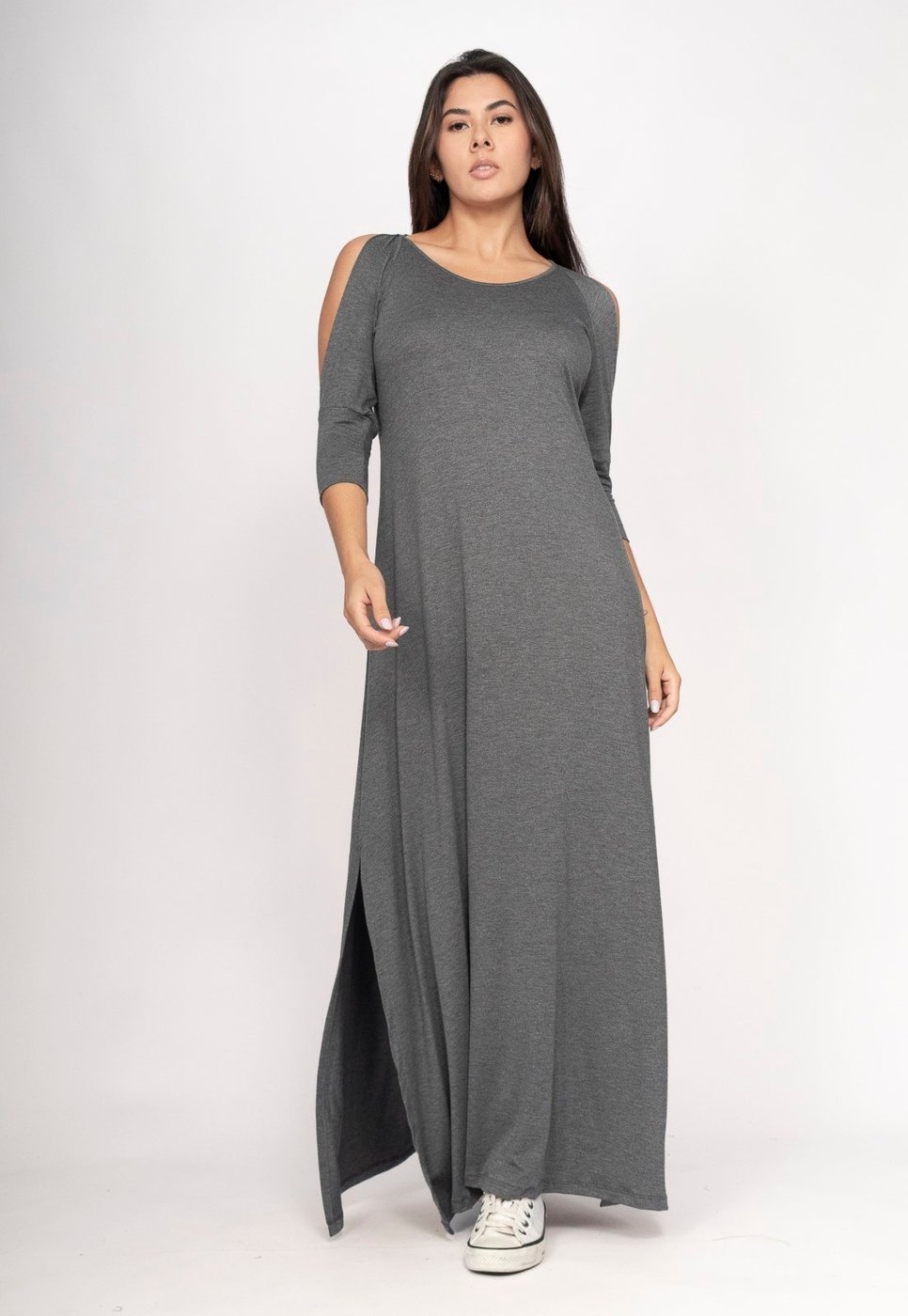 Vestido CabanaFree Boyrá Longo Malha Detalhe na Manga Mescla