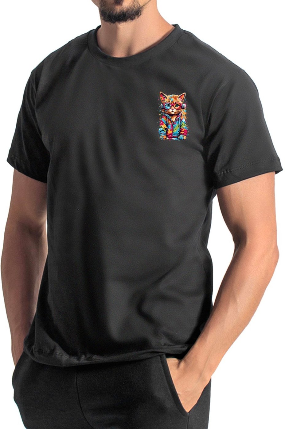 Camisa Masculina Algodão Camiseta Estampada Casual Arte Gato