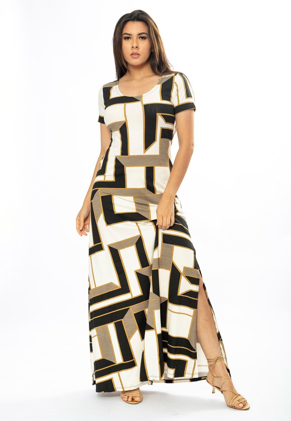 Vestido Longo Cabanafree Malha Gola Canoa Manga Curta Estampa Igaci