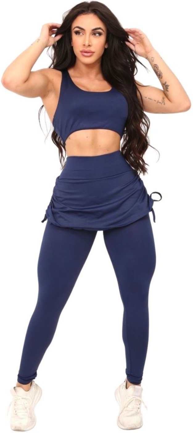 Conjunto Feminino Vih Triny Top e Legging Saia Repuxada Moda Fitness Marinho