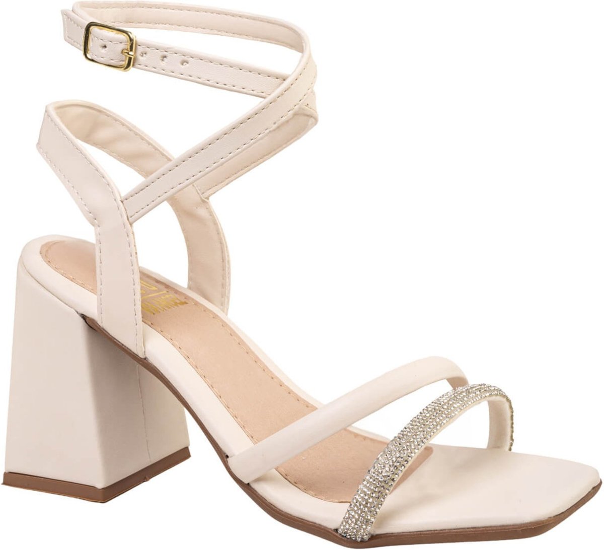 Imagem principal Sandalia Feminina Salto Alto Grosso Tira de Strass Confortavel Via Angel 7301 Off White off-white white VIA ANGEL off-white white