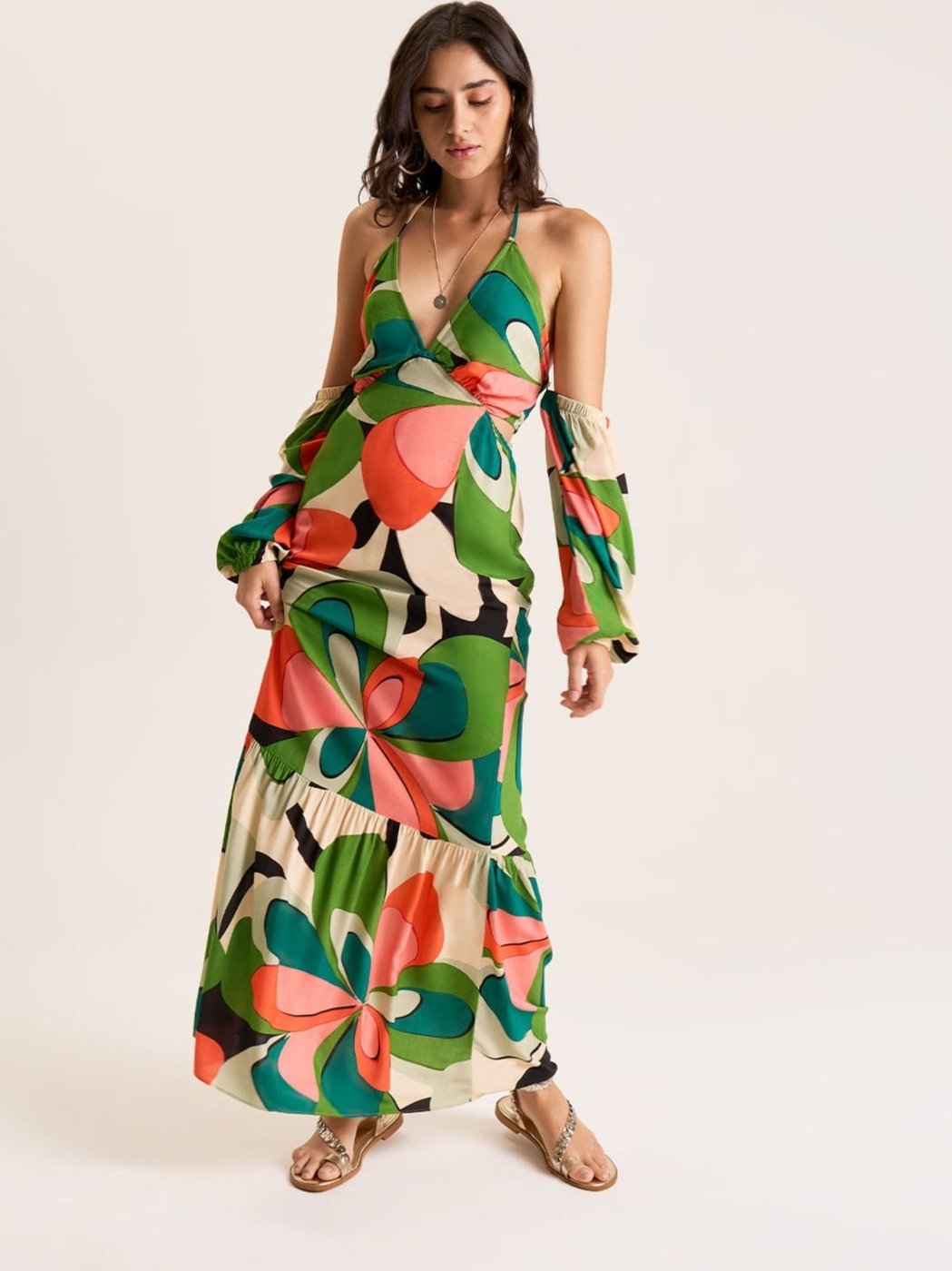 Imagem principal Vestido Zinco Longo Decote V Com Amarração verde Zinco verde