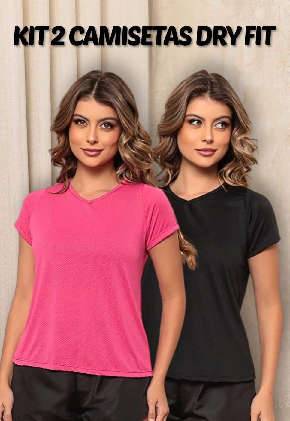 Kit 2 Peças Camiseta Feminina Esportiva Confortável Moda Esportiva Cor Pink E Preto