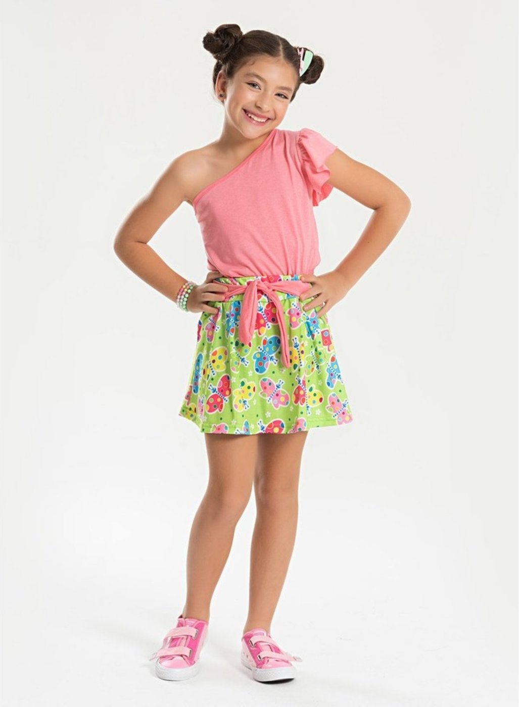 Imagem principal Infantil - Conjunto Verão Menina Cropped um Ombro Só e Shorts Saia com Faixa Borboletas Molekada rosa Molekada rosa
