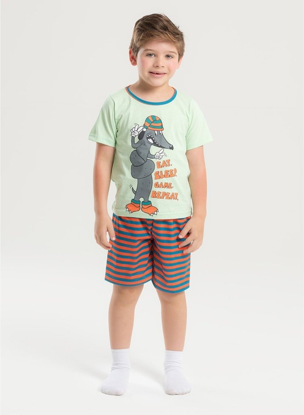 Imagem principal Pijama Verão Menino Camiseta Brilha no Escuro e Bermuda Doguinho Enrolado Molekada azul Molekada azul